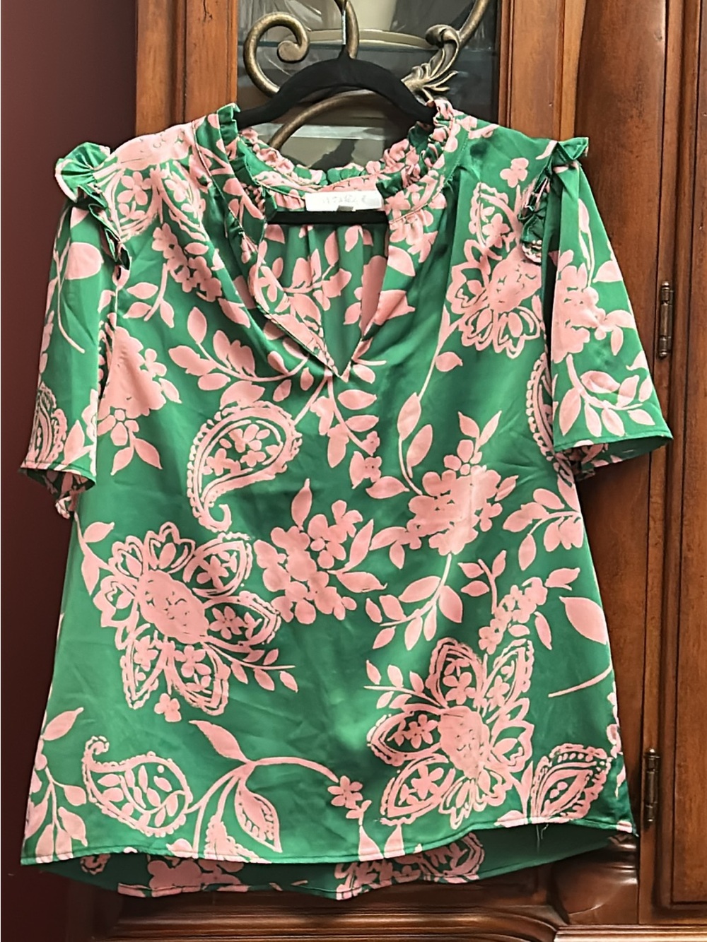 Sugarlips Green and Pink Floral Ruffle-Neck Blouse